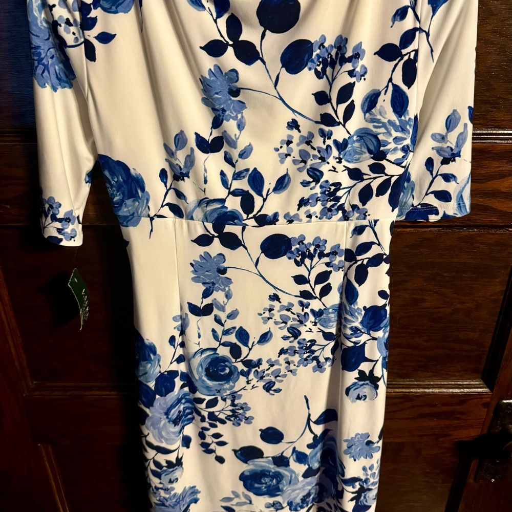Lauren Ralph Lauren Blue and White Ruched Midi Dress, NWT, Size 8P - Picture 7 of 10